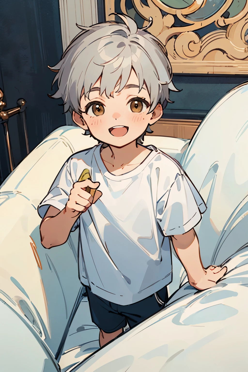 ((Best Quality)), ((Masterpiece)), (detailed), 1 happy 3 year old baby boy in casual clothes, gray hair and brown eyes