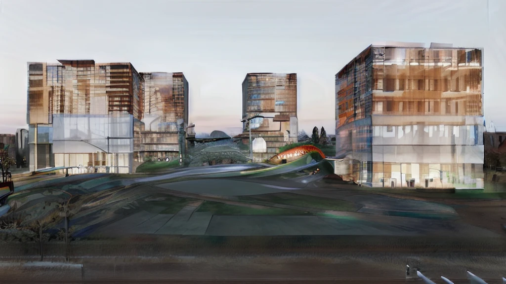 Installation art，Rural public space，Village square，evening，Sunset，Warm Lights，Concept Art，With vegetation