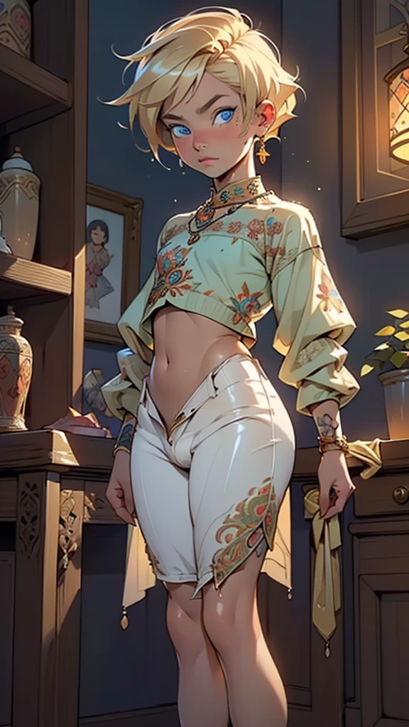 (1child:1.3,1boy:1.5),8-year-old,teenager,femboy, boy,Female physiognomy,little boy,(((little boy,boy,kid,kid only,,1boy,(male gender:1)))),(blonde hair:1.2),short detailed hair,(((blue_eyes:1.3))),intricate eyes,beautiful detailed eyes,symmetrical eyes,big eyes:1.5,'s ,((kid body,a little chubby,good ,accurate body proportions,detailed  body for young boy,)),flat ,((fat)),(((lustrous skin:1.5,bright skin: 1.5,skin tanned,shiny skin,very shiny skin,shiny body,plastic glitter skin,exaggerated shiny skin,illuminated skin,wet legs))),(detailed body),

(),

(tiny bulge on pants),Sweatshirt,sweater,(navel),(snowflake necklace), winter clothes,(((intricate outfit,intricate clothes,embroidered outfit,ornate outfit,embroidered clothes,ornate clothes))),

(dynamic pose:1.0),serious and thoughtful,man embarrassed,(centered,scale to fit dimensions,Rule of thirds),

inside,indoor,((cozy gothic room)),scenery:1.25,((intricate scenery)),((winter decorations)),

(Glossy winter ornaments),highres,sharp focus,(ultra detailed,extremely detailed),(photorealistic artwork:1.37),(extremely detailed CG unity 8k wallpaper),(((vibrant colors,vibrant theme))),(intricate),(masterpiece),(best quality),artistic photography,(photography taken by sldr),(intricate background),perfect rendered face,perfect face details,realistic face,photo realistic,analog style,((intricate detail)),(((realism))),
