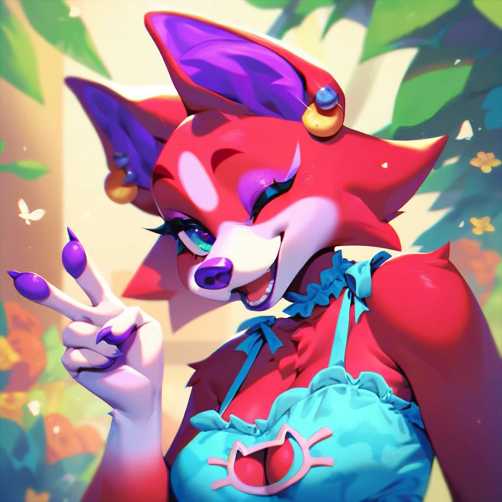 score_9_up, score_8_up, score_7_up, cherry (animal crossing), purple nose, red fur, teal colored eyes, furry, furry female, dog girl, ear piercing, webbed lace lingerie, black lace lingerie, v sign, smile, wink, 1girl