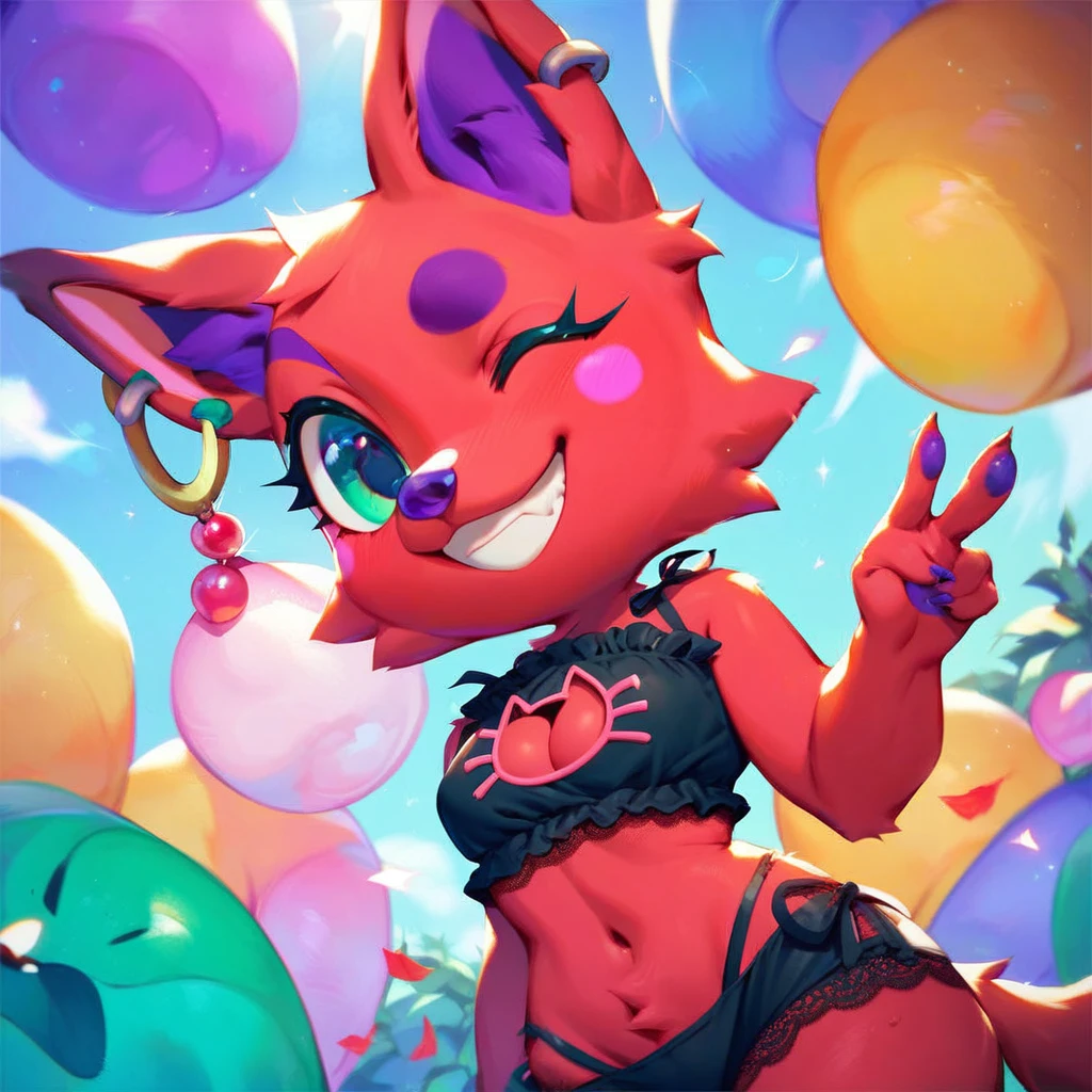 score_9_up, score_8_up, score_7_up, cherry (animal crossing), purple nose, red fur, teal colored eyes, furry, furry female, dog girl, ear piercing, webbed lace lingerie, black lace lingerie, v sign, smile, wink, 1girl