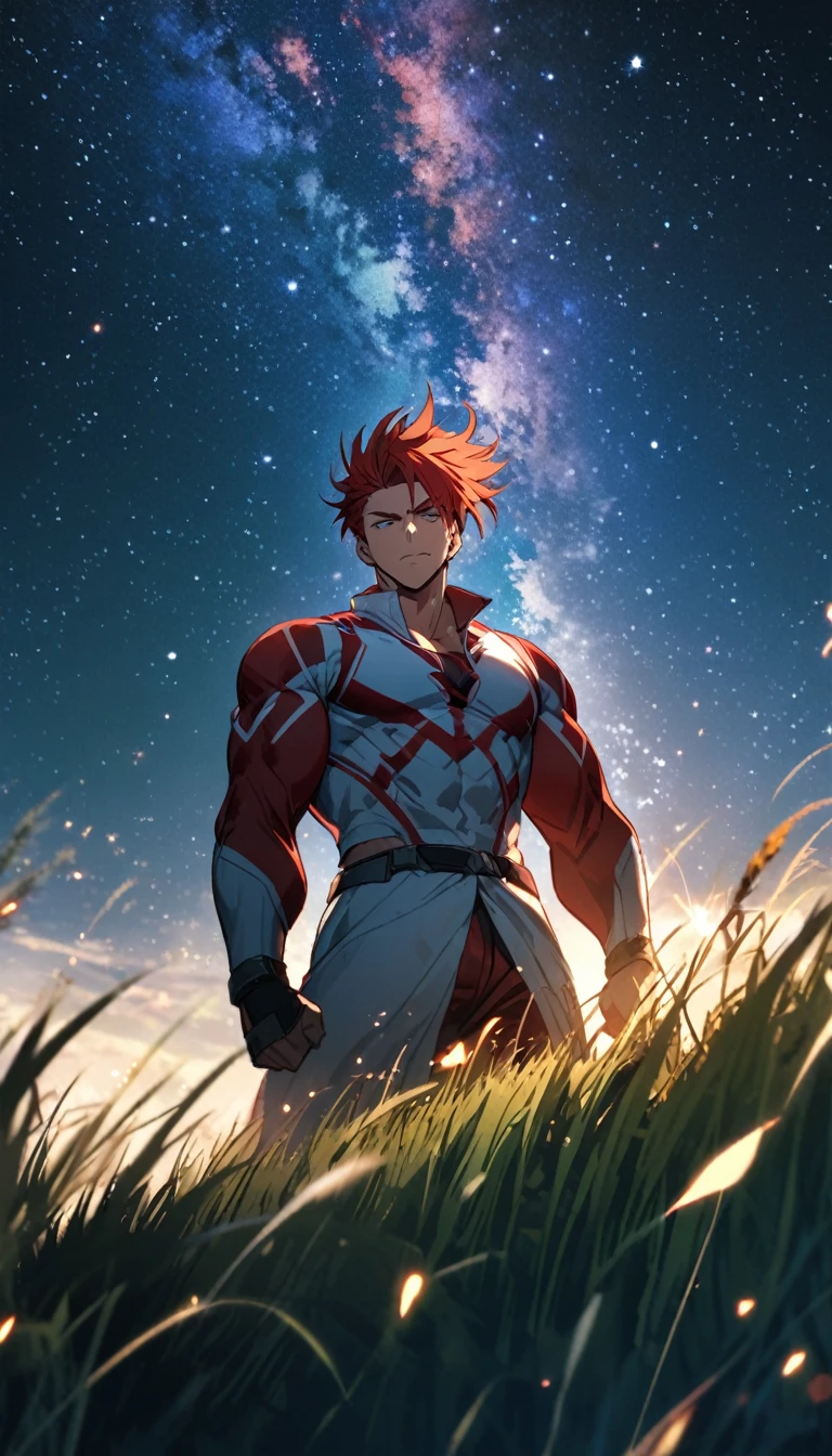 A muscular man in a red and white outfit,Cool hairstyle,grassland,Starry Sky