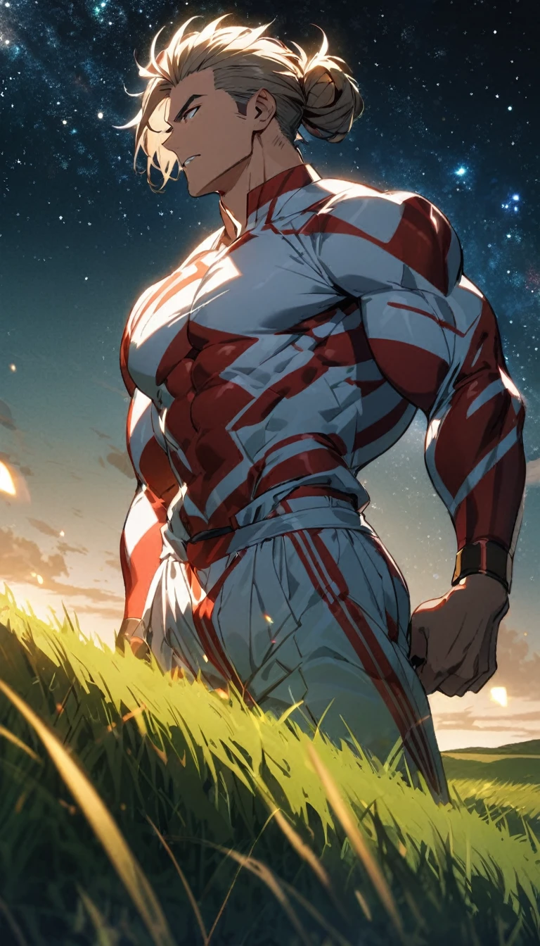 A muscular man in a red and white outfit,Cool hairstyle,grassland,Starry Sky