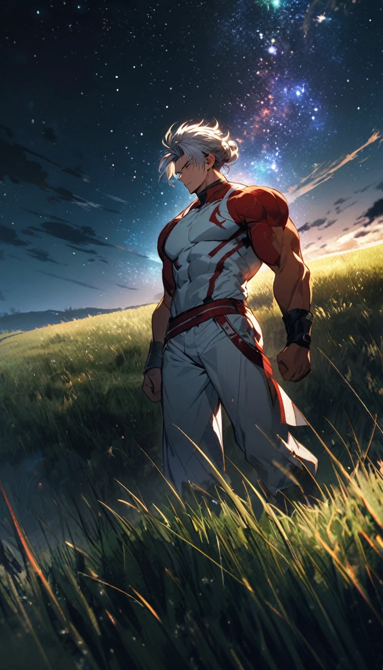 A muscular man in a red and white outfit,Cool hairstyle,grassland,Starry Sky