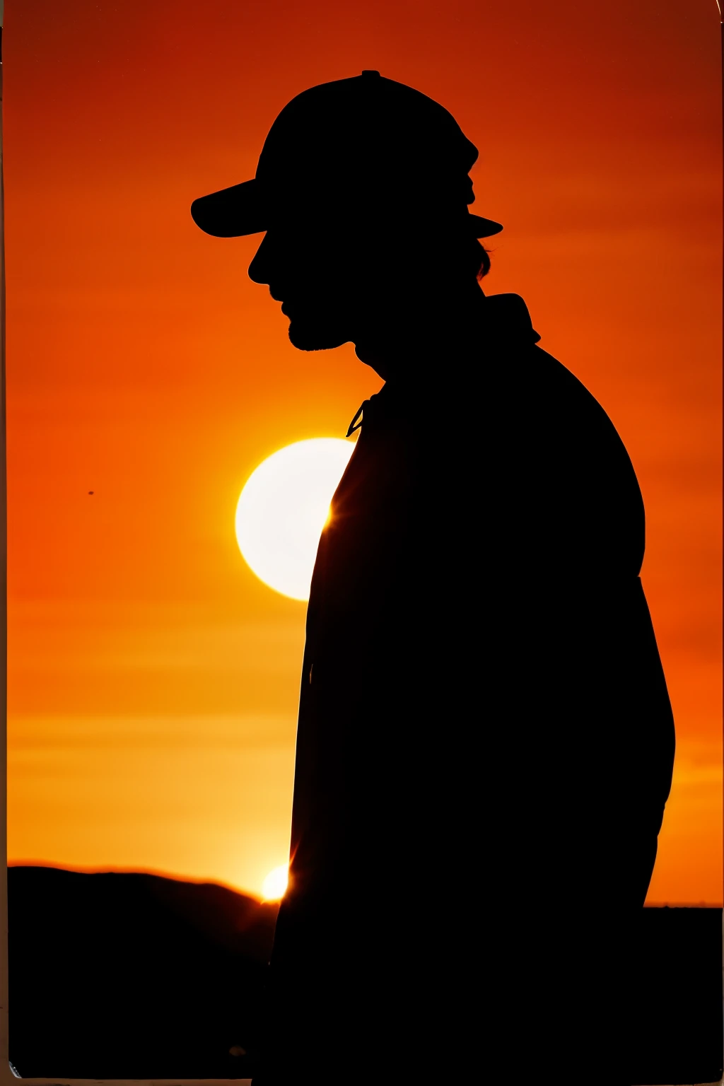 silhouette of man with cap, looking towards a landscape.
On the side of his silhouette there is a flaming reddish text that says "Decile"