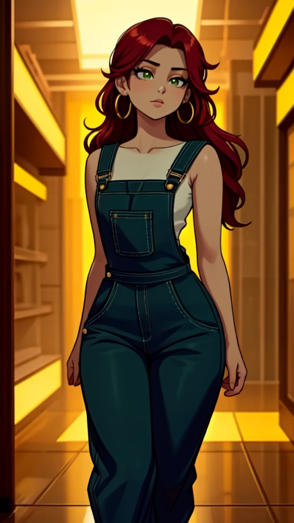 masterpiece, best quality,1girl, ((young girl)), ((large round magical green eyes)), shiny skin, (thin waist), ( long hair, very curlly, long red hair), ((curvy)), ((wide hips)), ((hoop earrings)), ((small size)) , ((( yellow overalls))), hot, soft natural lighting, reflections, bright illuminations