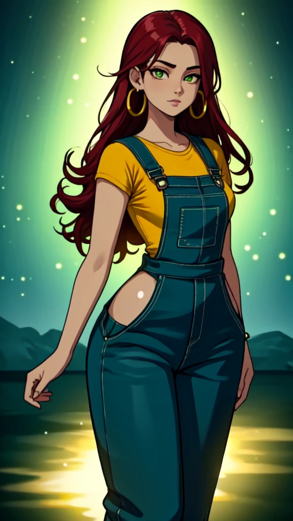 masterpiece, best quality,1girl, ((young girl)), ((large round magical green eyes)), shiny skin, (thin waist), ( long hair, very curlly, long red hair), ((curvy)), ((wide ????)), ((hoop earrings)), ((small  size)) , ((( yellow overalls))), hot, soft natural lighting, reflections, bright illuminations