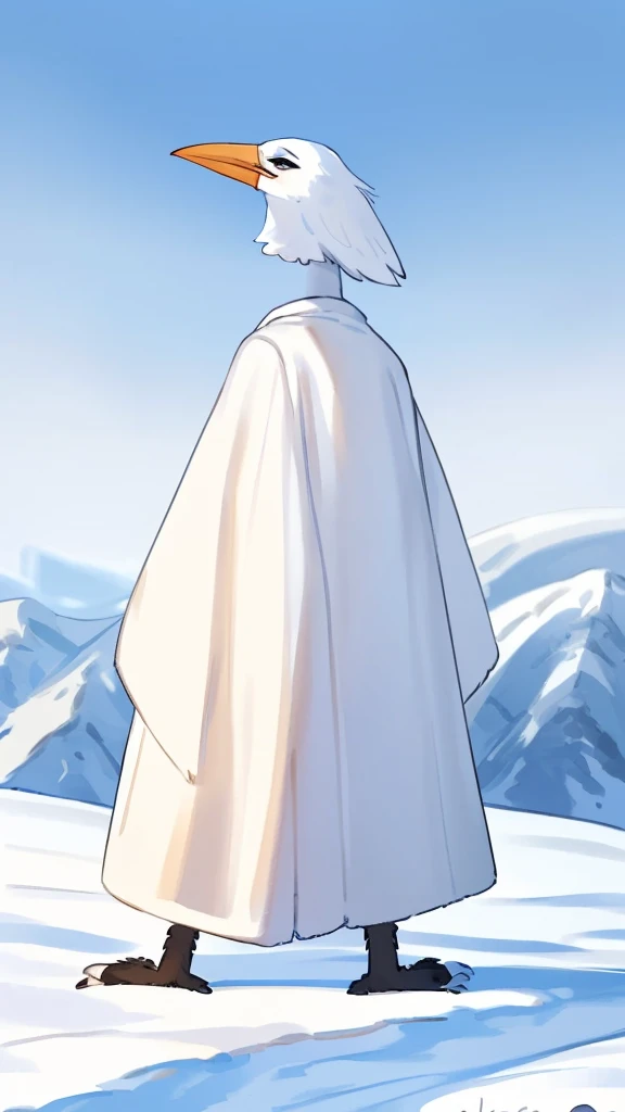 By bebebebebe, by lostgoose, by goonie-san, thin 20 foot tall humanoid creature, ((long white flowing yeti robe, bird stork, long white beak, long flowing plumage)), standing on a snowy plateau, on a snow-covered a siberian mountain, arctic, overcast, moody, horror