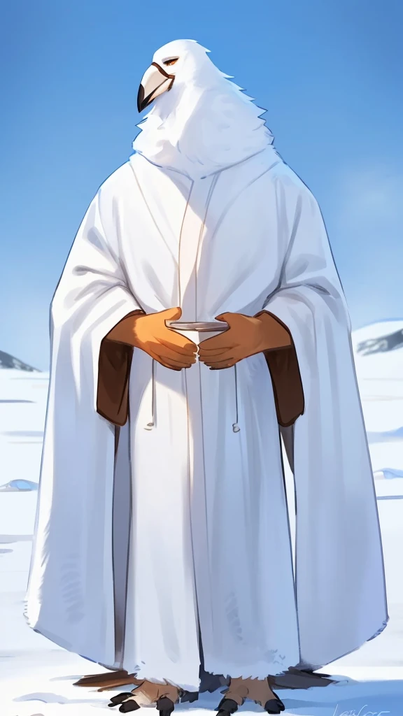 By bebebebebe, by lostgoose, by goonie-san, thin 20 foot tall humanoid creature, ((long white flowing yeti robe, bird stork, long white beak, long flowing plumage)), standing on a snowy plateau, on a snow-covered a siberian mountain, arctic, overcast, moody, horror