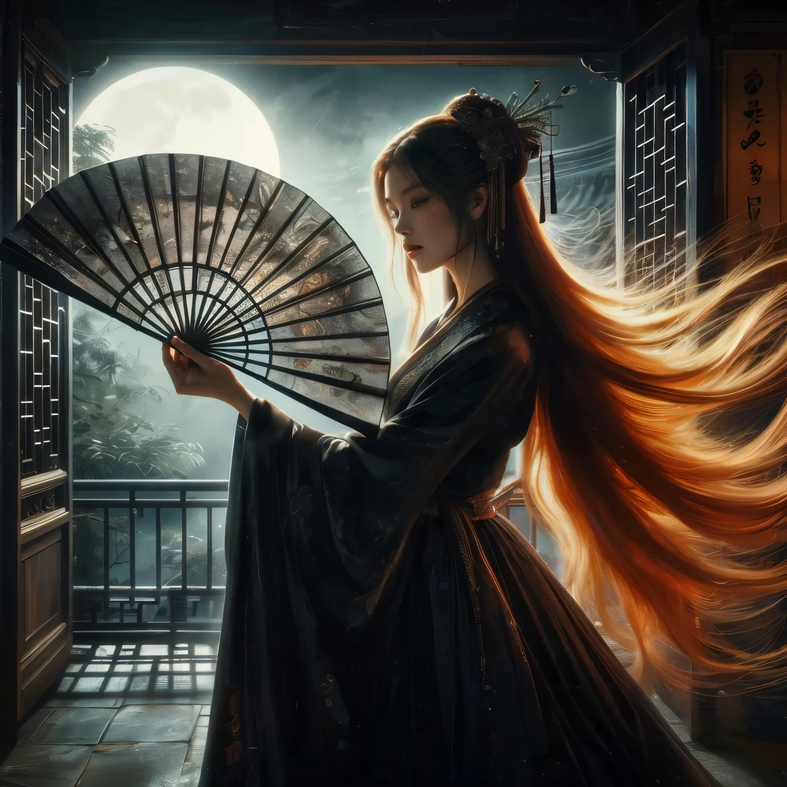 An ultra beautiful Asian woman long red-golden blonde hair, holding a very ultra ornate long black ancient liquored Asian fighting fan, wearing a long black Chinese women's dressing gown, in a darkened room of moonlight streak in through the opened balcony window, Chinese garden, night sky, black ink, in the style of Caravaggio, Fan Zhongzheng, and Da Vinci, 8k resolution, hyperdetailed, photorealistic, an oil painting art style, Sfumato,