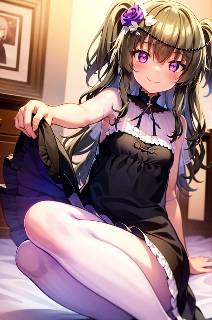 Himari Mei, masterpiece, , cute, flat chest, Selfie, black dress, detailed sparkling and brilliant purple eyes, head tilt, in princess style bedroom, cute and shy smile,  wide, showing off black , {{{}}}, squatting