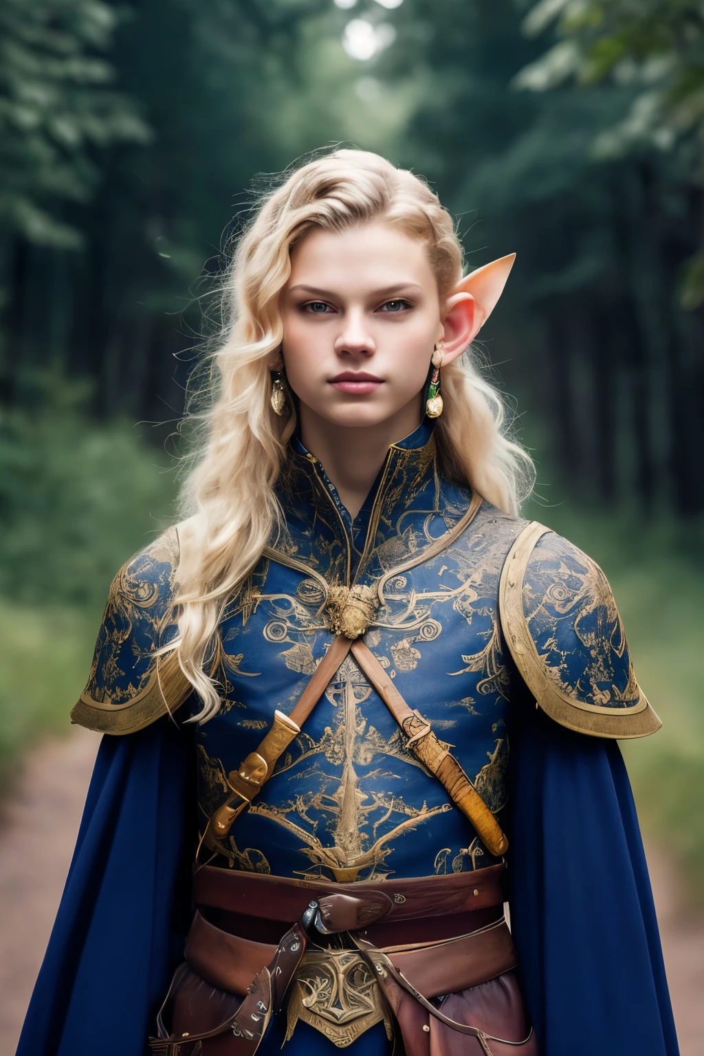 ((best qualityer)), ((work of art)), (detailded), 1 male elf aged 18, white camels with long locks, pointed ears with crystal earrings, skin fair, blue colored eyes, wearing a dark blue cloak, with a metal jamb, holding an iron shield with symbols drawn on it, and a sword with magic coming out, he is in a fantasy forest.