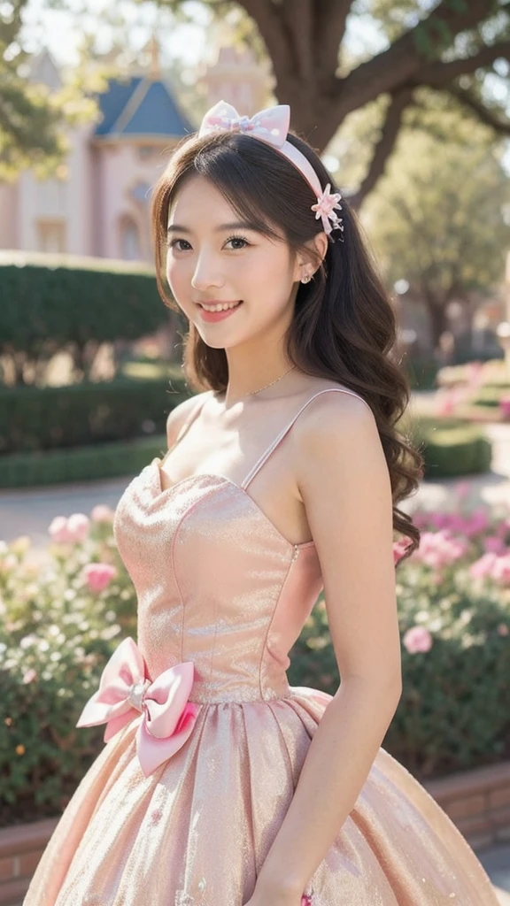 Beautiful woman in a princess dress,Sweet smile,Mickey bow hair accessories,Next to Disneyland Castle