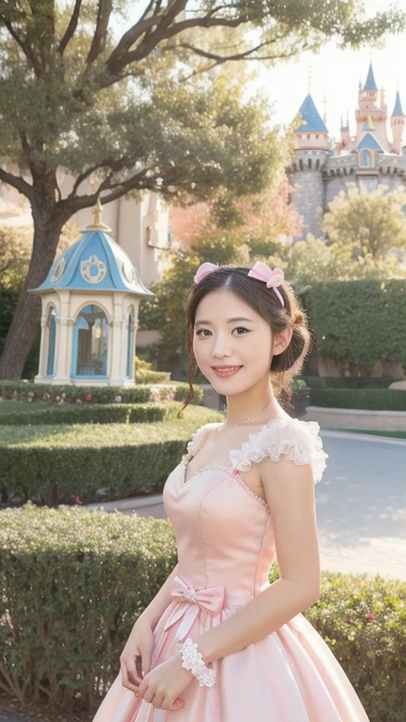 Beautiful woman in a princess dress,Sweet smile,Mickey bow hair accessories,Next to Disneyland Castle