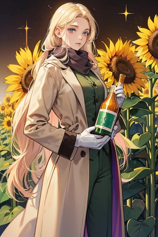 Her hair is a light beige-blond, and her eyes are violet. she wears a long, heavy tan coat, dark green pants, brown gloves, and a long tan or pink scarf; she carry around a bottle of vodka, a sunflower . SPARKLE; GLITTER