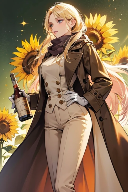 Her hair is a light beige-blond, and her eyes are violet. she wears a long, heavy tan coat, dark green pants, brown gloves, and a long tan or pink scarf; she carry around a bottle of vodka, a sunflower . SPARKLE; GLITTER