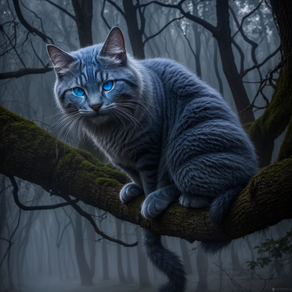 In the midst of the foggy forest, a masterpiece of grinning feline grace rested upon a gnarled tree branch. Its expression was a marvel of mischief, with eyes that shimmered and glowed like captured moonlight. The Cheshire cat's face was flawless, every feature etched with an otherworldly perfection, framed by fur that seemed to ripple and vanish into the mist, its glimmering blue feline eyes illuminates into the fogs. Its wide grin, mischievously broad, hinted at secrets known only to the ancient trees and whispered winds of Wonderland.
