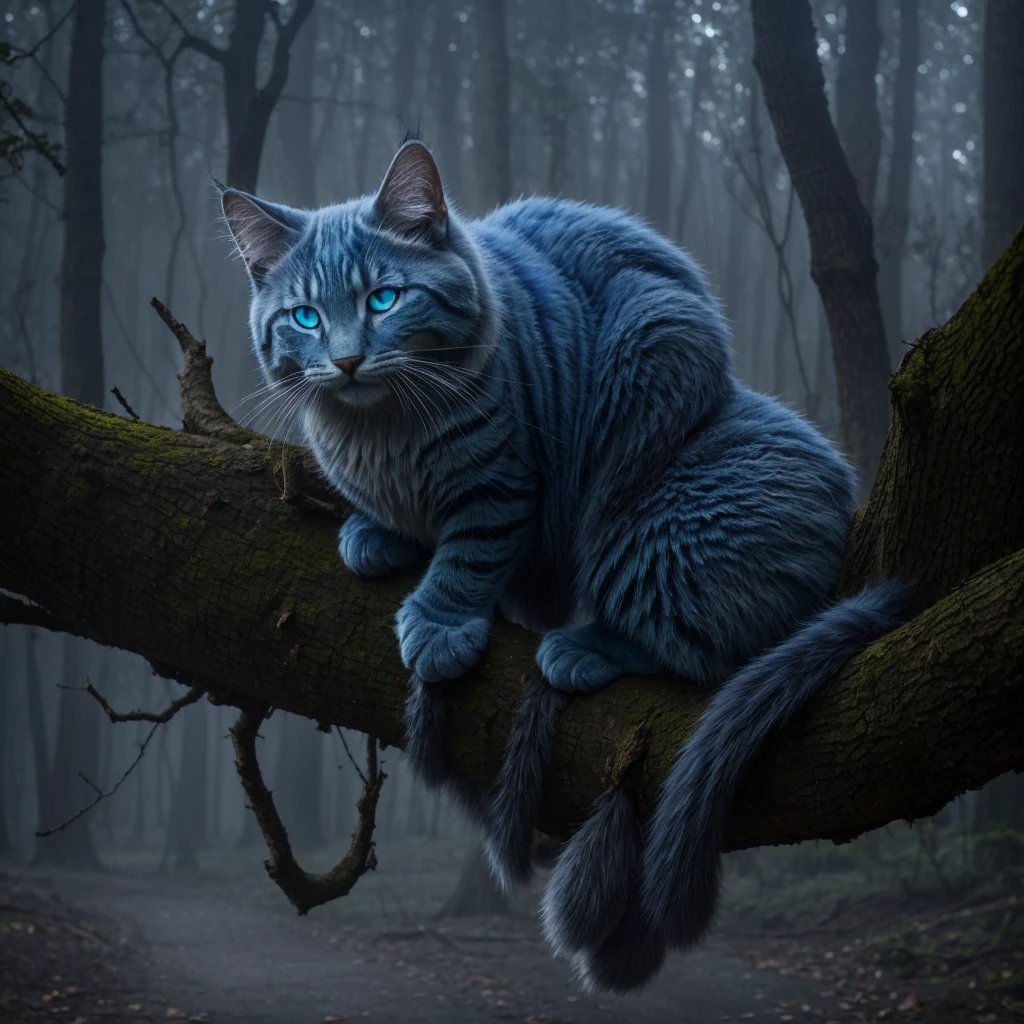 In the midst of the foggy forest, a masterpiece of grinning feline grace rested upon a gnarled tree branch. Its expression was a marvel of mischief, with eyes that shimmered and glowed like captured moonlight. The Cheshire cat's face was flawless, every feature etched with an otherworldly perfection, framed by fur that seemed to ripple and vanish into the mist, its glimmering blue feline eyes illuminates into the fogs. Its wide grin, mischievously broad, hinted at secrets known only to the ancient trees and whispered winds of Wonderland.