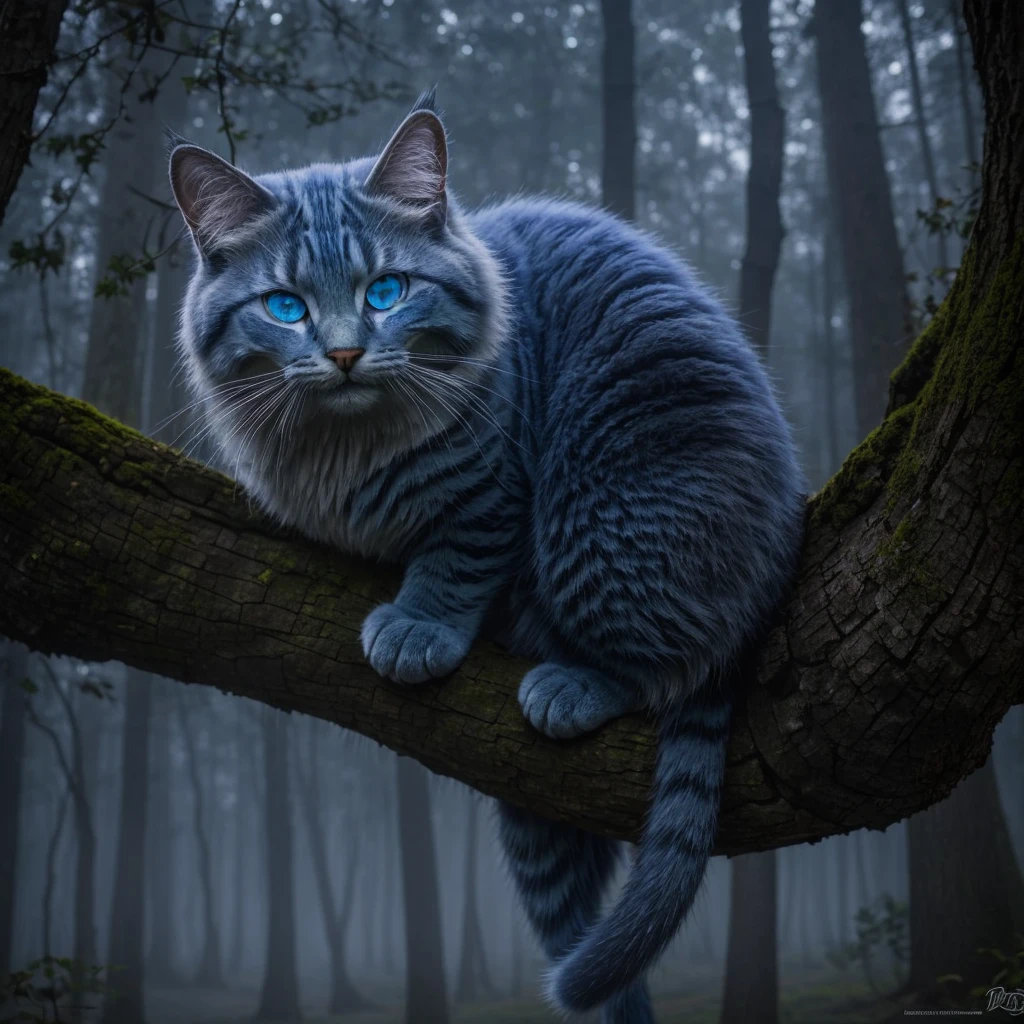In the midst of the foggy forest, a masterpiece of grinning feline grace rested upon a gnarled tree branch. Its expression was a marvel of mischief, with eyes that shimmered and glowed like captured moonlight. The Cheshire cat's face was flawless, every feature etched with an otherworldly perfection, framed by fur that seemed to ripple and vanish into the mist, its glimmering blue feline eyes illuminates into the fogs. Its wide grin, mischievously broad, hinted at secrets known only to the ancient trees and whispered winds of Wonderland.