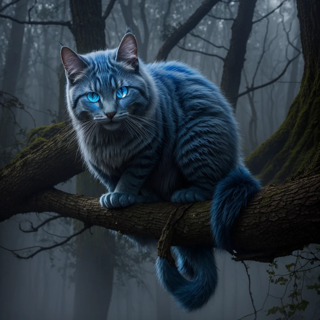 In the midst of the foggy forest, a masterpiece of grinning feline grace rested upon a gnarled tree branch. Its expression was a marvel of mischief, with eyes that shimmered and glowed like captured moonlight. The Cheshire cat's face was flawless, every feature etched with an otherworldly perfection, framed by fur that seemed to ripple and vanish into the mist, its glimmering blue feline eyes illuminates into the fogs. Its wide grin, mischievously broad, hinted at secrets known only to the ancient trees and whispered winds of Wonderland.