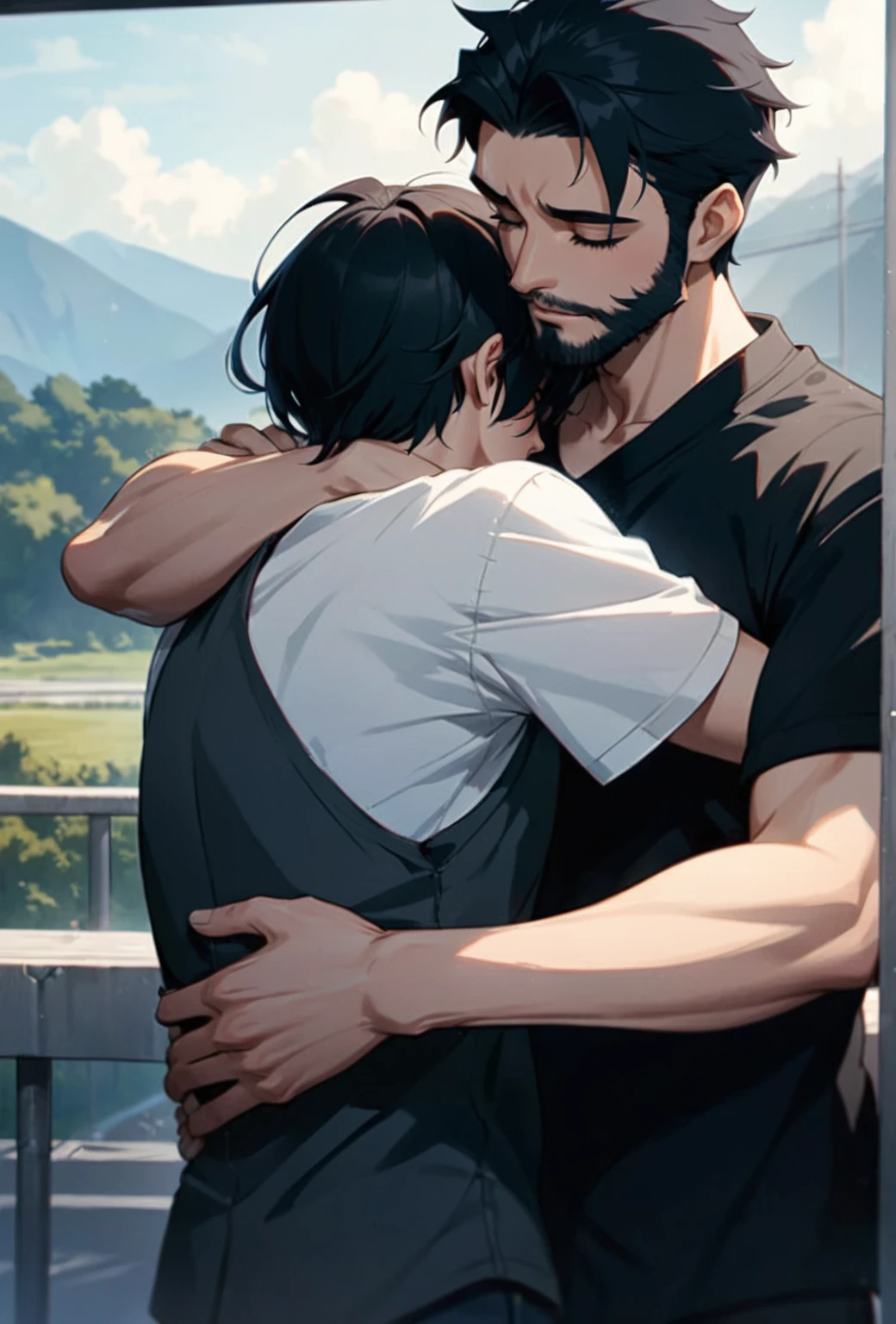 anime couple Embrace each other on a bridge with mountains in the background, Nick Silva and Ilya Kuvshinov, two men Embrace, Gweiz-style artwork, Embrace each other, Yaoi, yusuke murata and makoto shinkai, Embrace, Very detailed fan art, sakimichan and makoto shinkai