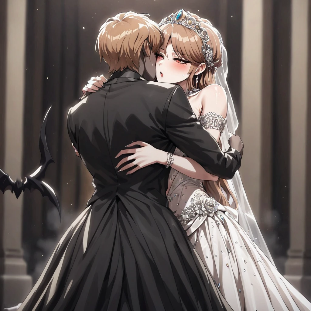 ((Highest quality)), ((masterpiece)), (detailed), (Perfect Face)、The woman was Princess Leona, with medium-long light brown hair, and was wearing a luxurious bridal outfit consisting of a lavishly jeweled black wedding dress, a gorgeous black wedding veil, and gorgeous jeweled accessories.、The woman embraces the devil Satan, kisses him, and gets married.