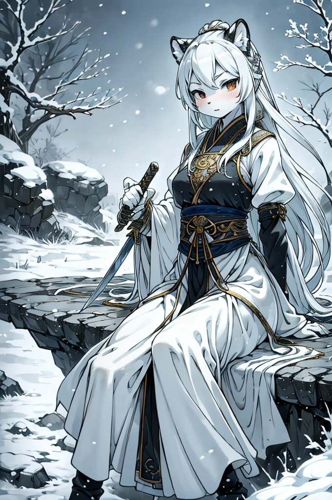 quality\(8K,Extremely detailed CG unit wallpaper, masterpiece,high resolution,top-quality,top-quality real texture skin,Surrealism,提high resolution,RAW photos,Best quality,Very detailed,,light,Ray Tracing,Golden Ratio\),furry,furry,hairy,hairy,White Tiger少女,White Tiger,White Tiger,White Tiger,tiger,White Tiger,White Tiger少女,全身White hair,White Hair,White hair,Snow background,Snow and ice theme,Hanfu,Hanfu下摆,遮住大腿的Hanfu下摆,穿着Hanfu,中式Hanfu,手持Long Sword,Sword in hand,Martial arts style,手持Long Sword的White Tiger少女,Full body close-up,Girl sitting on the ground,Maiden sitting on a stone,Girl sitting on a boulder,手持Long Sword,持有Long Sword,拿着Long Sword,Long Sword,Long Sword,Long Sword,Highlight the role,Sassy,Cold,poker face,Loose long hair,Loose long hair,Cold气质,Loose long hair,Cold,