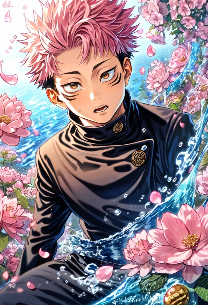 absurdres, highres, ultra detailed, HDR, master piece, best quality, Itadori Yuuji, pink hair, expressive brown eyes, Jujutsu Kaisen, solo, sexy man, handsome, jujutsu uniform, fantasy, shining, water, pink flowers, pink blossoms, pink petals