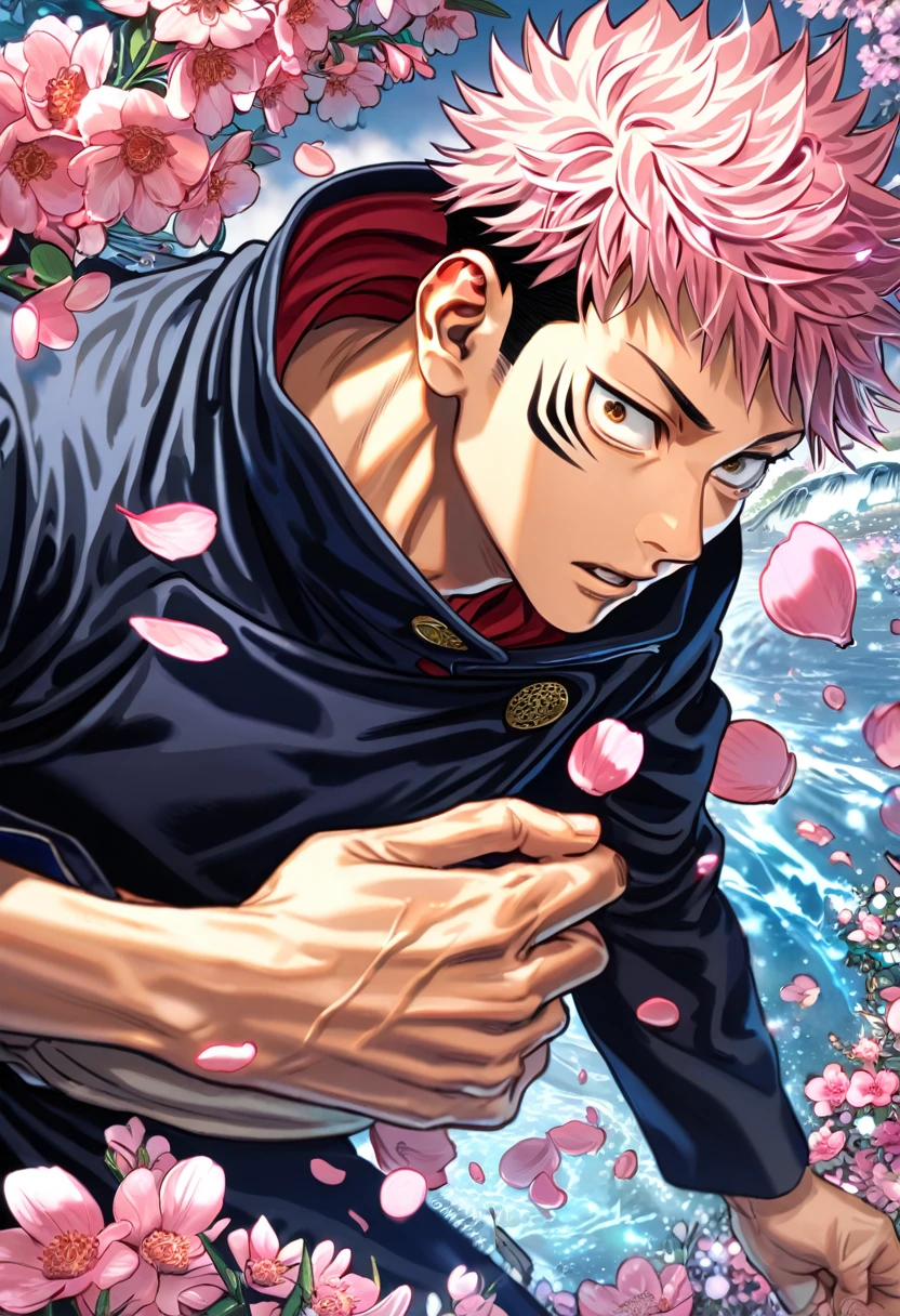 absurdres, highres, ultra detailed, HDR, master piece, best quality, Itadori Yuuji, pink hair, expressive brown eyes, Jujutsu Kaisen, solo, sexy man, handsome, jujutsu uniform, fantasy, shining, water, pink flowers, pink blossoms, pink petals