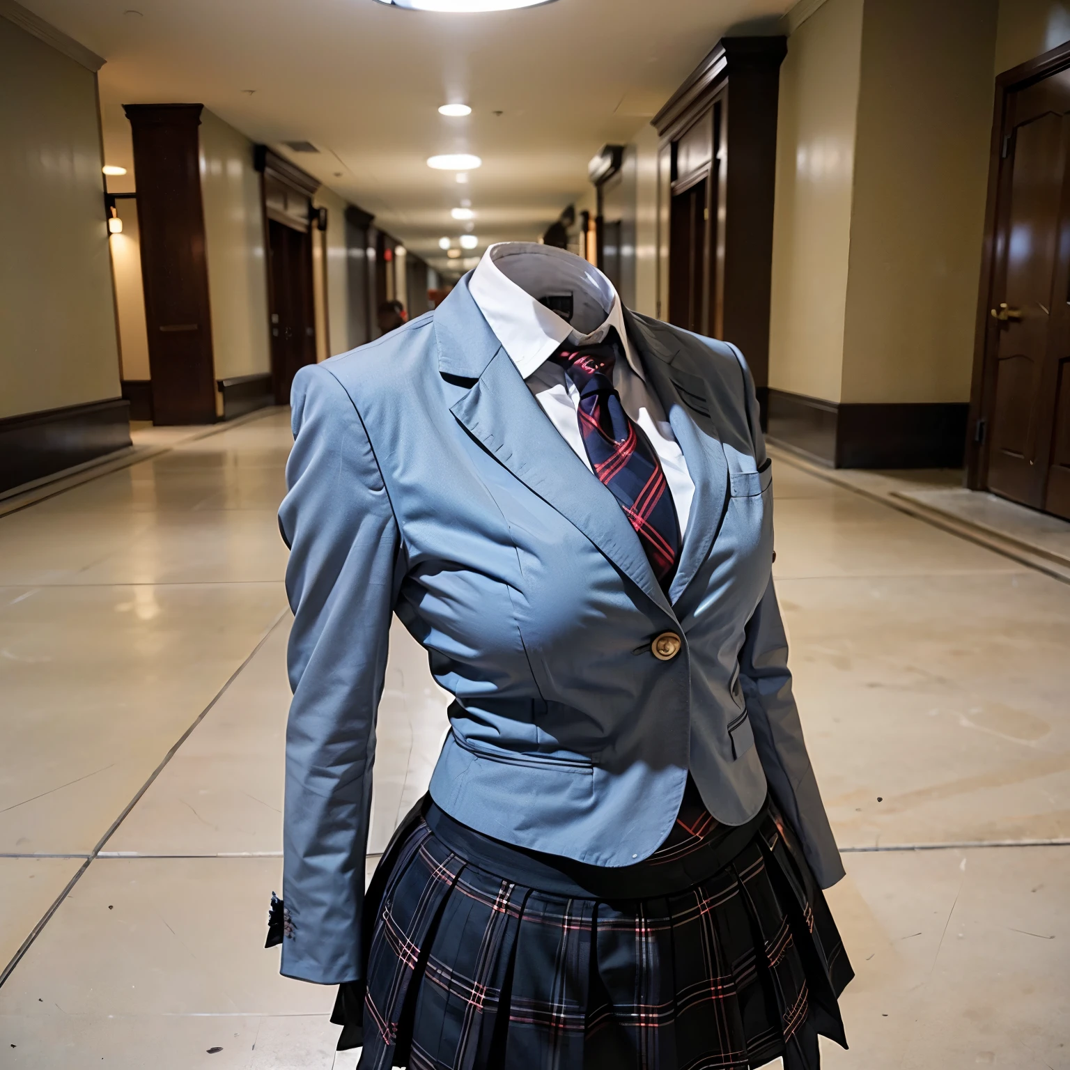 school blazer laid on floor, plaid skirt, stripe tie, fat, cute big breasts, (invisible, no human, headless, handless:1.5)