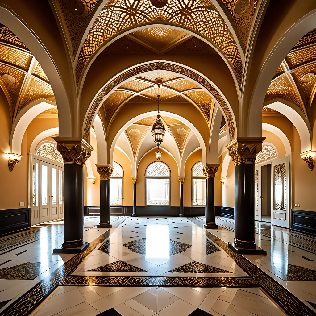 (masterpiece, top quality, best quality),(ultra-detailed, absolutely resolution),((16k, high res)),

BREAK {hyper-realistic photo of an architectural interior featuring stunning arabesque patterns. The interior should be richly decorated with intricate geometric and floral designs that cover the walls, ceilings, and floors. Use a combination of vibrant colors and gold accents to highlight the complexity and beauty of the patterns. Include elements such as grand arches, detailed mosaics, and ornate columns to enhance the grandeur of the space. Soft, ambient lighting should be used to illuminate the intricate details and create a warm, inviting atmosphere. The overall scene should be awe-inspiring, capturing the exquisite craftsmanship and beauty of arabesque architecture.}

BREAK { (produces images with information more than 40 million pixels with cinematic-like detailed textures shot on a Sony SLR).}