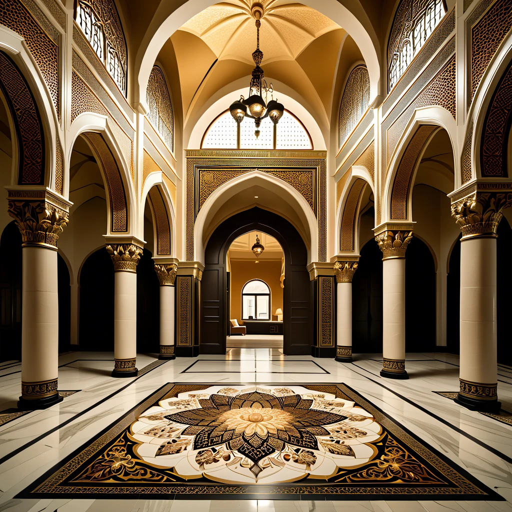 (masterpiece, top quality, best quality),(ultra-detailed, absolutely resolution),((16k, high res)),
BREAK {hyper-realistic photo of an architectural interior featuring stunning arabesque patterns. The interior should be richly decorated with intricate geometric and floral designs that cover the walls, ceilings, and floors. Use a combination of vibrant colors and gold accents to highlight the complexity and beauty of the patterns. Include elements such as grand arches, detailed mosaics, and ornate columns to enhance the grandeur of the space. Soft, ambient lighting should be used to illuminate the intricate details and create a warm, inviting atmosphere. The overall scene should be awe-inspiring, capturing the exquisite craftsmanship and beauty of arabesque architecture.}
BREAK { (produces images with information more than 40 million pixels with cinematic-like detailed textures shot on a Sony SLR).}