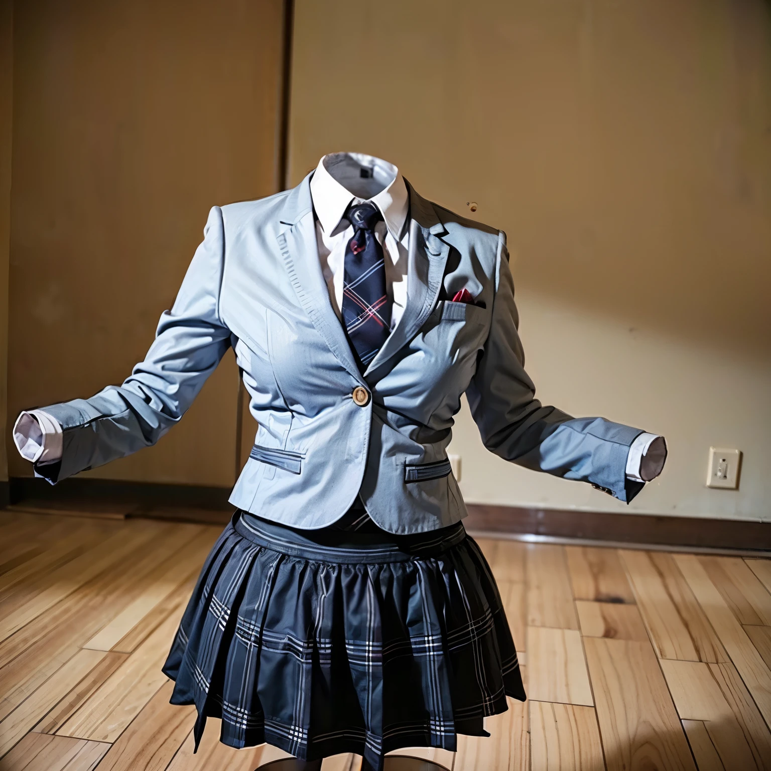 school blazer laid on floor, plaid skirt, stripe tie, fat, cute big breasts, (invisible, no human, headless, handless:1.5)