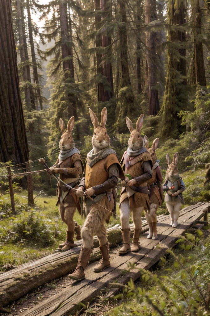 a side shot of a group of anthropomorphic rabbits dressed like robin hood walking upright single file across a bridge woven out of branches high up between 2 giant redwood trees, masterpiece, best, photo realistic