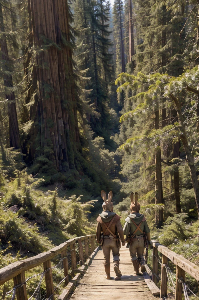 a side shot of a group of anthropomorphic rabbits dressed like robin hood walking upright single file across a bridge woven out of branches high up between 2 giant redwood trees, masterpiece, best, photo realistic