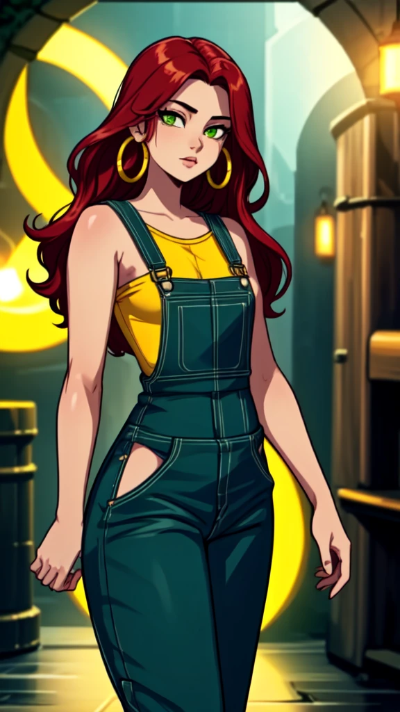 masterpiece, best quality,1girl, ((young girl)), ((large round magical green eyes)), shiny skin, (thin waist), ( long hair, very curlly, long red hair), ((curvy)), ((wide hips)), ((hoop earrings)), ((small  size)) , ((( yellow overalls))), hot, soft natural lighting, reflections, bright illuminations, ((yellow outfit))