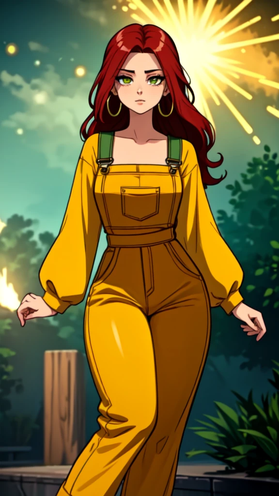 masterpiece, best quality,1girl, ((young girl)), ((large round magical green eyes)), shiny skin, (thin waist), ( long hair, very curlly, long red hair), ((curvy)), ((wide hips)), ((hoop earrings)), ((small  size)) , ((( yellow overalls))), hot, soft natural lighting, reflections, bright illuminations, ((yellow outfit))