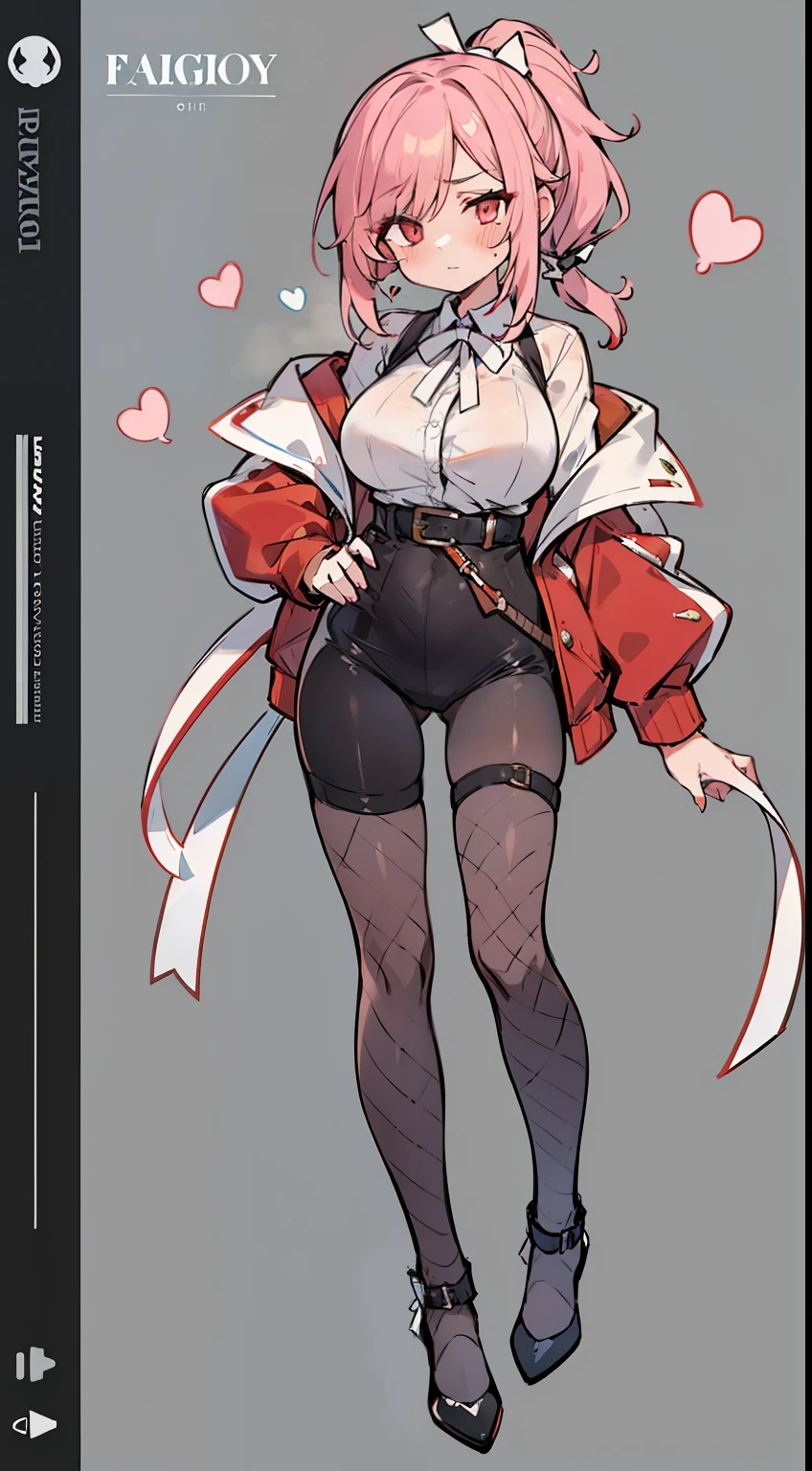 1girl in, fullllbody, Character Design, ((Loose pink ponytail with white ribbon)), ((Eyes are red)),  (Zito eyes without highlights), ((Cold straight face)), (Mole under the right eye), Long bangs, Eyes are hearts, Brainwashed, large full breasts, High quality, Slut, Magic Makeover, Black Rubber Slit Suit, fishnet tights, garterbelts, Black High Heels, Wide Shot, Detailed background of the prison, 4K