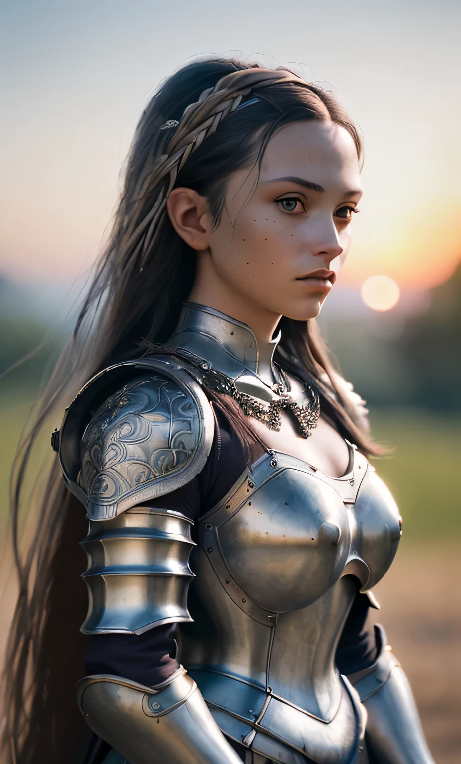 (masterpiece), (extremely intricate:1.3), (realistic), portrait of a girl, the most beautiful in the world, (medieval armor), metal reflections, upper body, outdoors, intense sunlight, far away castle, professional photograph of a stunning woman detailed, sharp focus, dramatic, award winning, cinematic lighting, octane render unreal engine, volumetrics dtx, (film grain, blurry background, blurry foreground, bokeh, depth of field, sunset, motion blur:1.3), chainmail