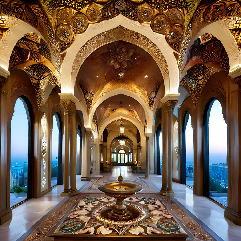 (masterpiece, top quality, best quality),(ultra-detailed, absolutely resolution),((16k, high res)),

BREAK {hyper-realistic photo of an architectural interior featuring stunning arabesque patterns. The interior should be richly decorated with intricate geometric and floral designs that cover the walls, ceilings, and floors. Use a combination of vibrant colors and gold accents to highlight the complexity and beauty of the patterns. Include elements such as grand arches, detailed mosaics, and ornate columns to enhance the grandeur of the space. Soft, ambient lighting should be used to illuminate the intricate details and create a warm, inviting atmosphere. The overall scene should be awe-inspiring, capturing the exquisite craftsmanship and beauty of arabesque architecture.}

BREAK { (produces images with information more than 40 million pixels with cinematic-like detailed textures shot on a Sony SLR).}