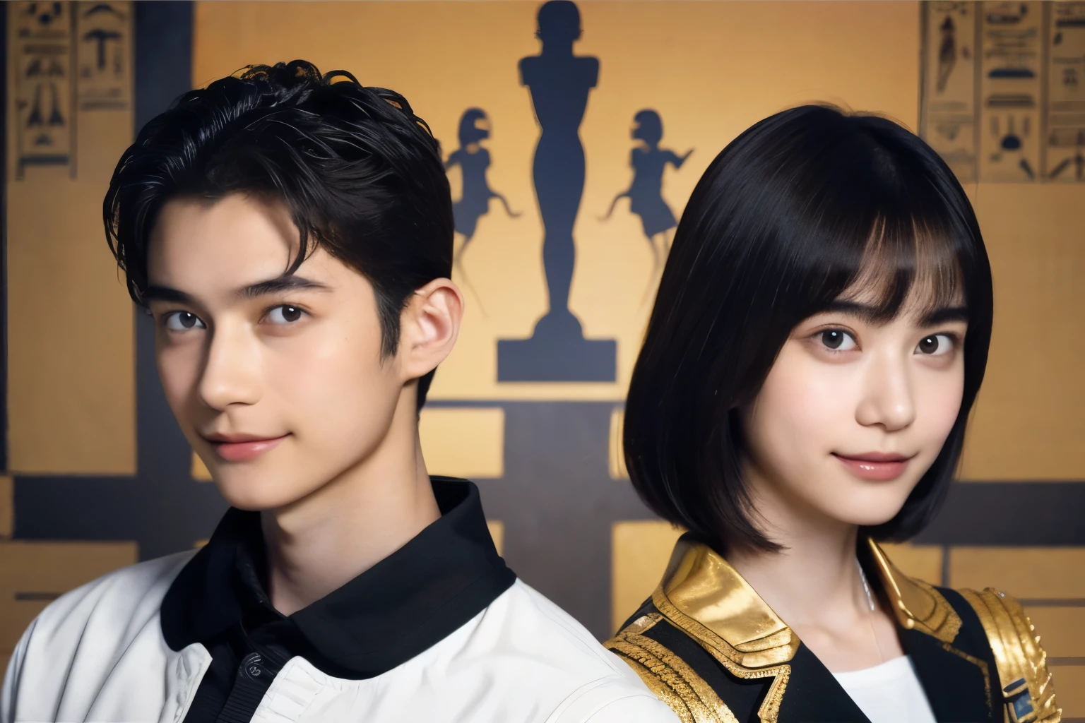 246 (In the mural2people々々々々々々々々々々々々々々々), (An 18-year-old female and an 18-year-old male), short hair,kind, lipstick, Egyptian civilization, Waist belt, Hieroglyphics, smile
