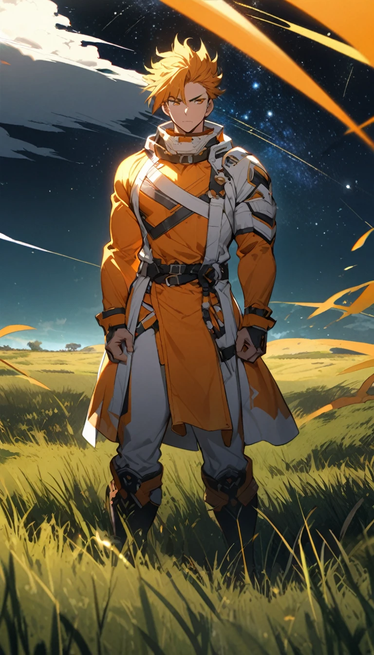 A muscular man wearing an orange and white outfit,Cool hairstyle,grassland,Starry Sky