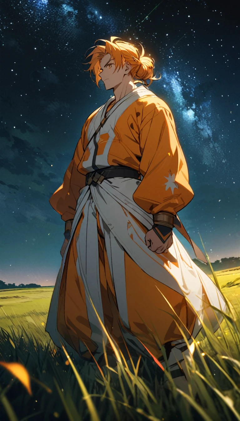 A muscular man wearing an orange and white outfit,Cool hairstyle,grassland,Starry Sky