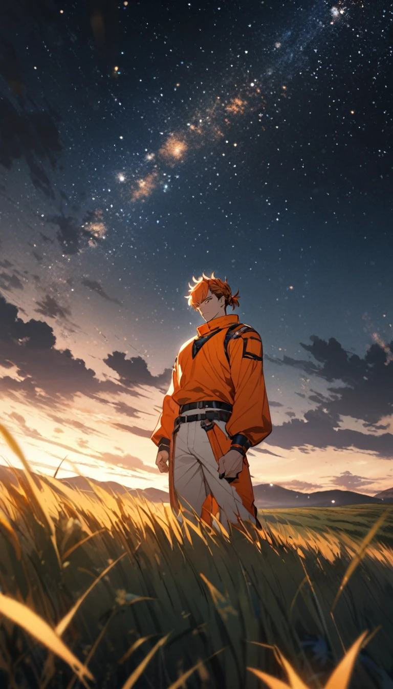 A muscular man wearing an orange and white outfit，Cool hairstyle，grassland，Starry Sky