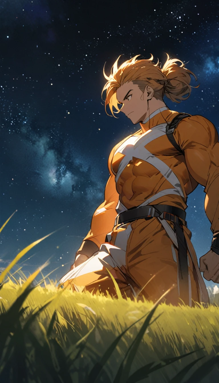 A muscular man wearing an orange and white outfit,Cool hairstyle,grassland,Starry Sky