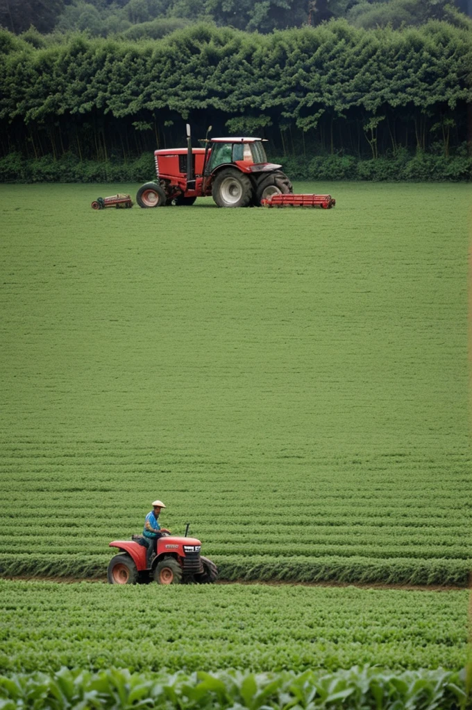 A poor boy farming in the field by tractor on rainy days weather is rainy evergreen trees 
