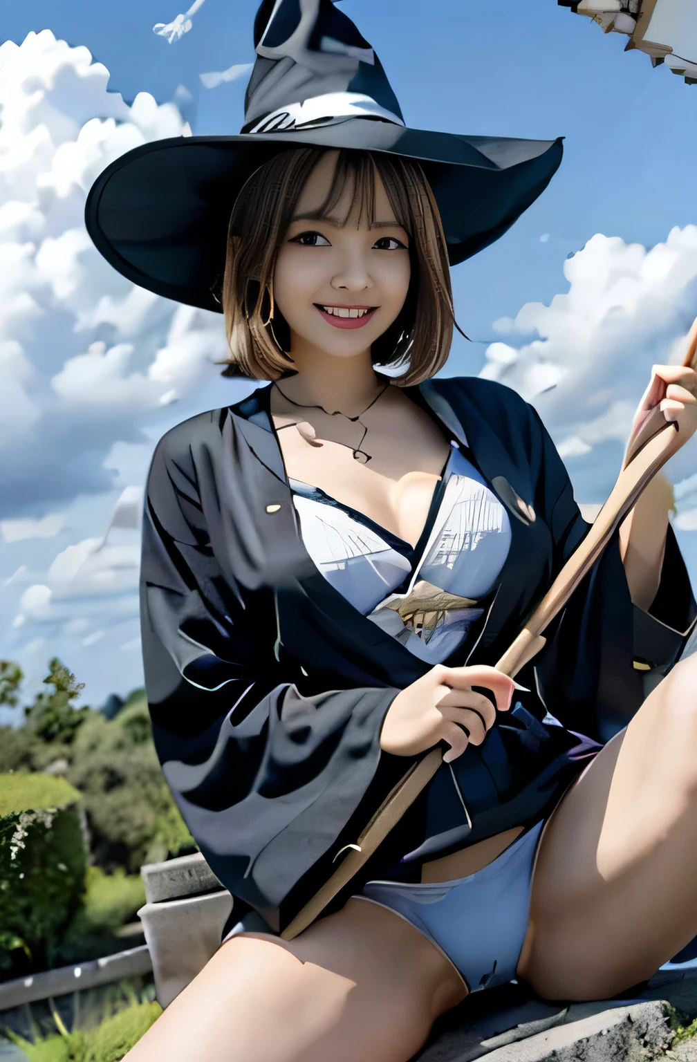 Highest quality,Ultra-high resolution,Japanese Idols,actress,witch,Big Eyes,looks young,smile,looking at the camera,Thin face,Pointed hat,Bob Hair,Wizard Costume,Thighs,Raw crotch,Spread your legs and straddle the broom,{{{Flying in the sky on a broom:1.5}}}