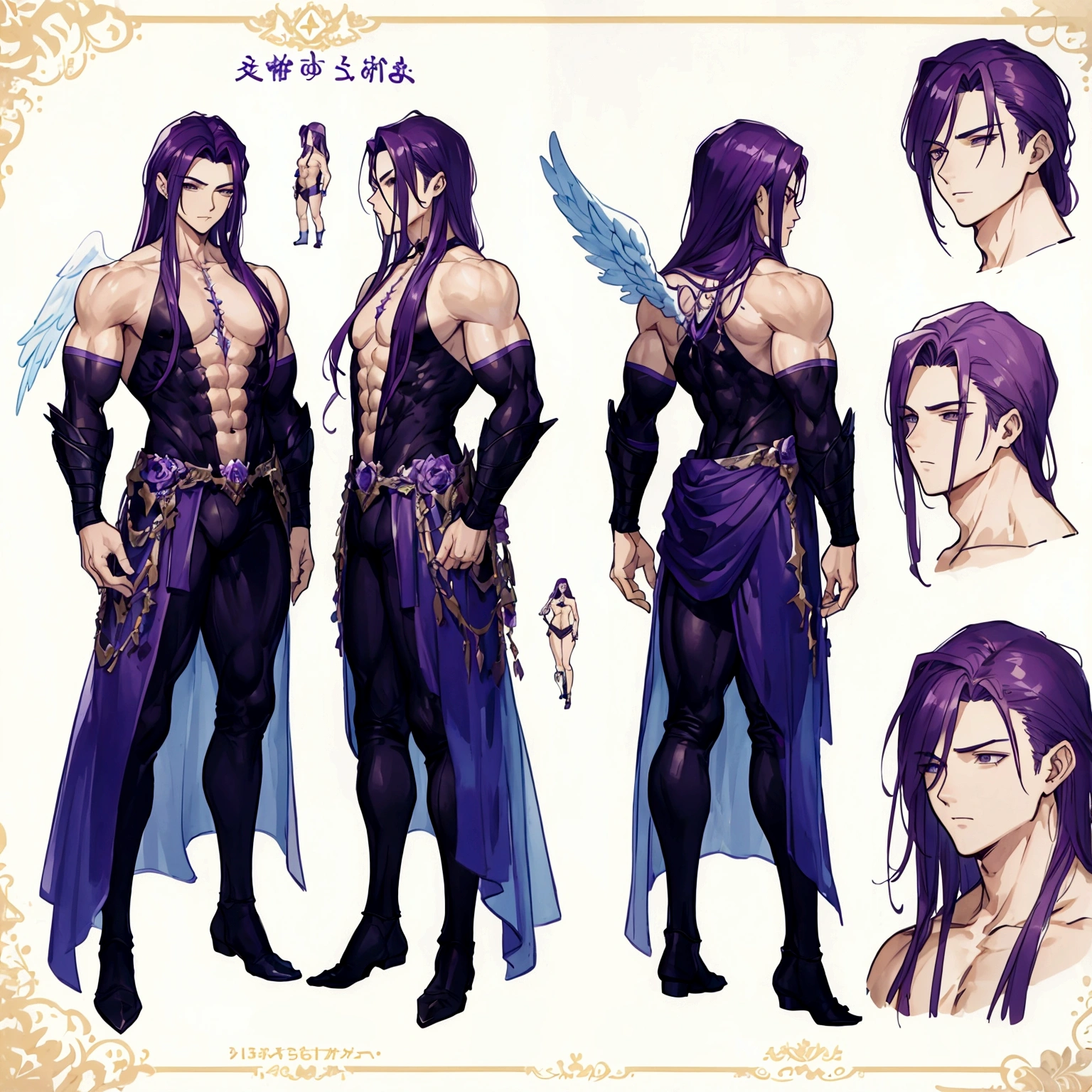 (Masterpiece, best quality), detailed, 1 man, ((character concept art)), ((character design sheet, same character, front, side, back)), full body, body complete, 1 Male, 1 Man, Detailed face, character design sheet,full bodyesbian, Highly detailed, character sheet, character design, Many parts, dark skin, angel wings, long purple hair, angel outfit, muscle male god, masculine, muscle man, male muscle, manly, male angel, Muscle male with purple long hair,beautiful man, abs, pectoral muscle