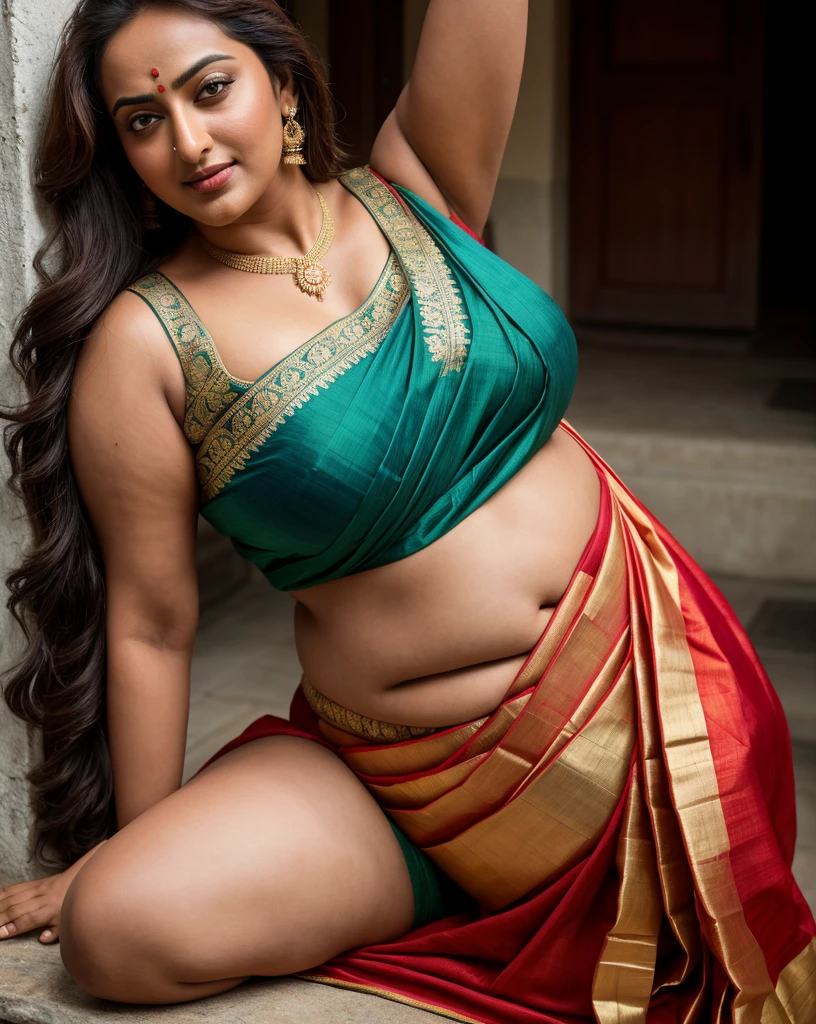 Foto RAW, photorealistic, photography, full body shot, master shot, perfect eyes, goddess like beauty, pierced eyes, (perfect thick chubby mallu Desi aunty bhabhi) , Wearing a Stanapatta, a chest-band.Saree model, model Photography,((saggy breast)), Indian saree shoot, Indian traditional wear advertising photography, traditional wear brand shoot, face of Indian actress Sonakshi Sinha, masterpiece, realistic, realism, incredible details,  pleasure, photorealism, detailed skin, skin pores, high contrast, photorealistic Artstation 8k HD digital art trend of high definition and detailed realistic skin texture, ultra detail, realistic skin texture, armature, best quality, ultra high definition, (photorealistic:1.4),, high resolution, detail, raw photo, sweat, Re sharp, by Lee Jefferies Nikon D850 Film Stock Photo 4 Kodak Portra 400 Camera F1.6 Lens Rich Color Ultra Real Realistic Realistic Textures Dramatic Lighting Unreal Engine Trending at Art Station Cinestill 800,(pele altamente detalhada: 1.2), 8k UHD, DSLR, soft-lighting, alta qualidade, grain of film, Fujifilm XT3,she didn't like to wear blouse or bra, she is happy to wear only saree, she hates blouse or bra, detailed hairy armpits, hyper realistic skin, skin pores, sweat, veins, ((fatty)) 