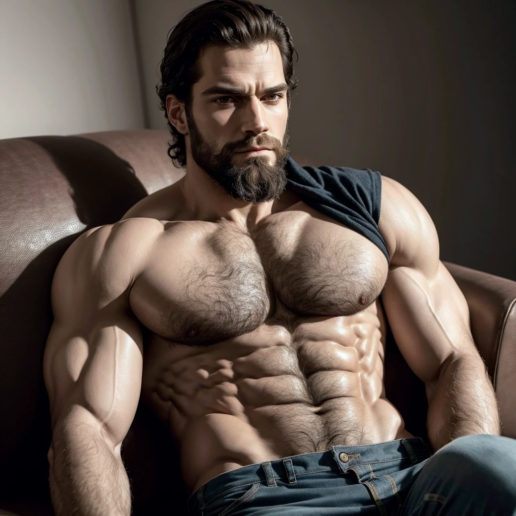 man with beard, Henry Cavill with shaved head, wearing no shirt, cross arm, broadshouldered, brawny, relaxed on the sofa, serious countenance, sexly, photo realist
